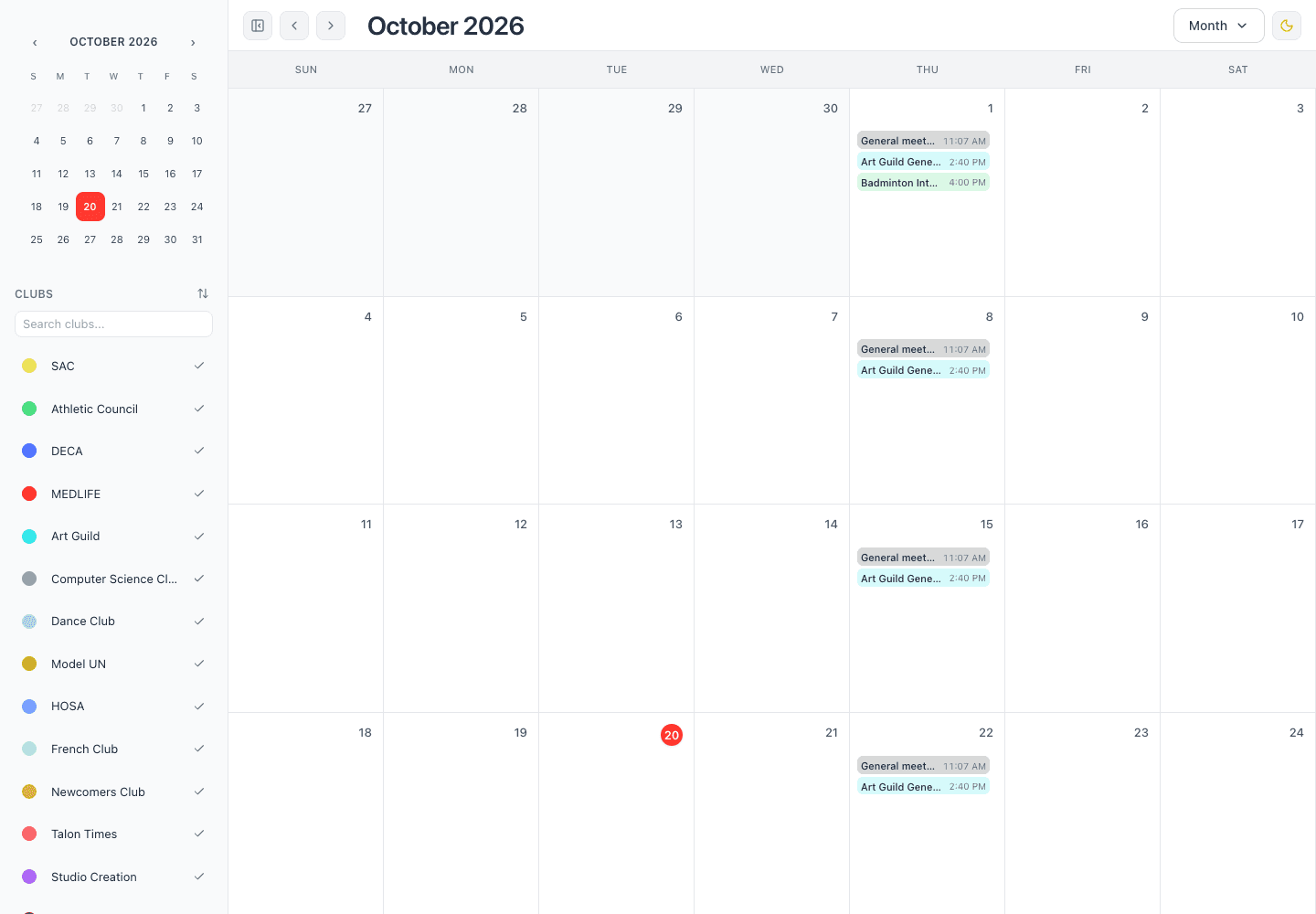 GFSS Calendar showing school club events