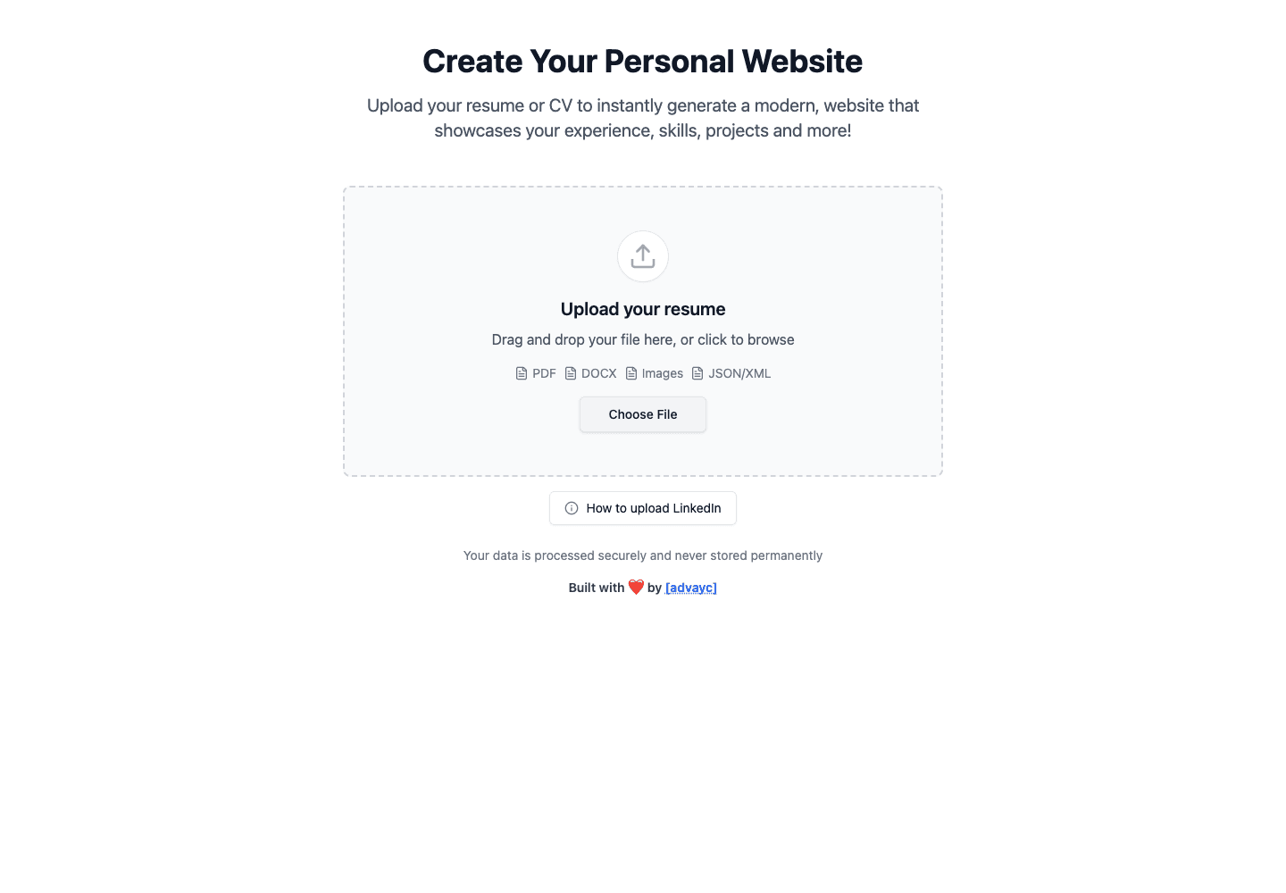 Sitemaker résumé upload screen