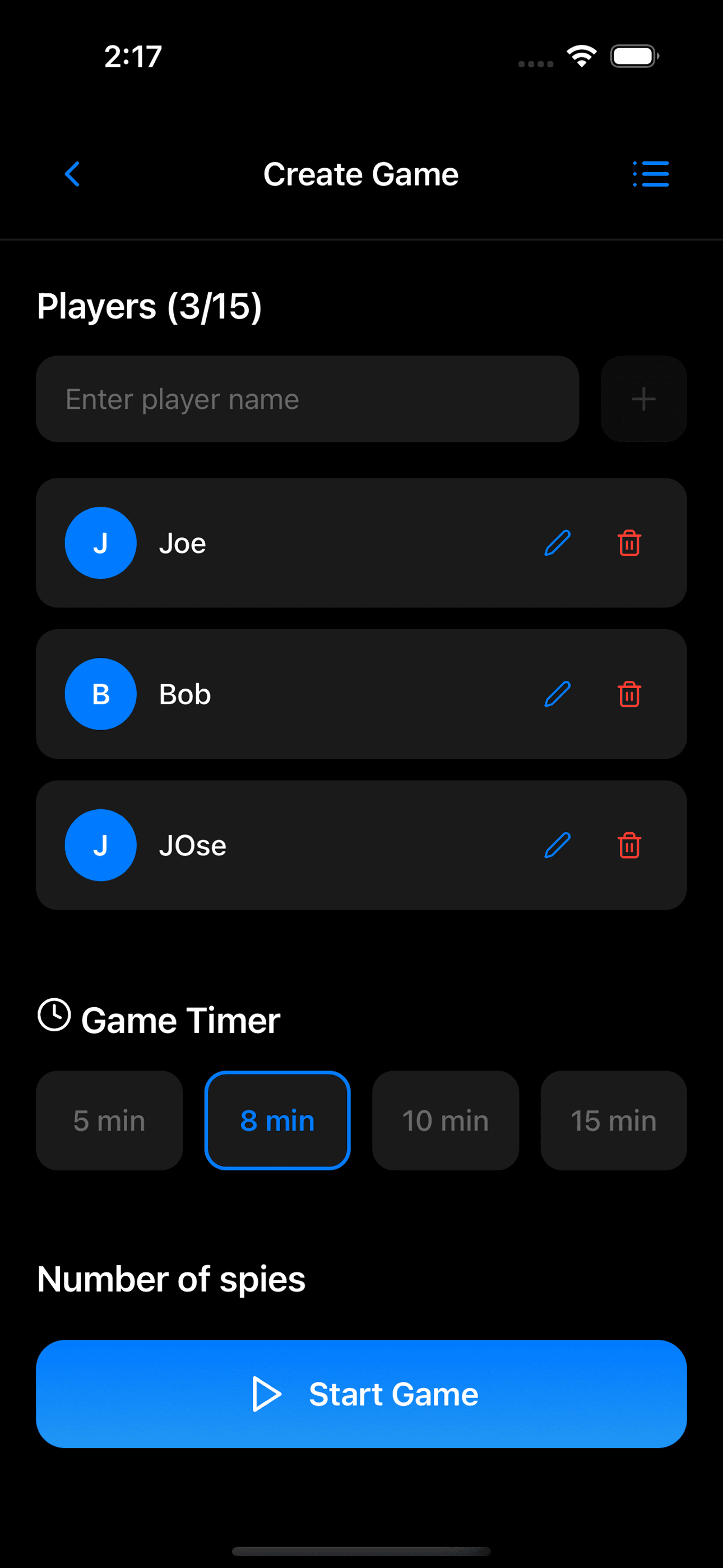Spy game screen